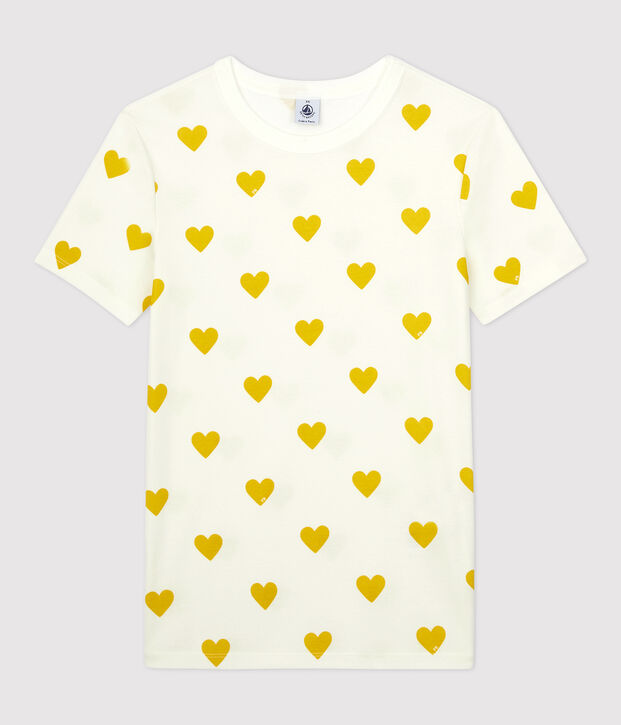 Baumwoll-T-Shirt mit Rundhalsausschnitt und Herz-Applikation Damen weiss/gelb