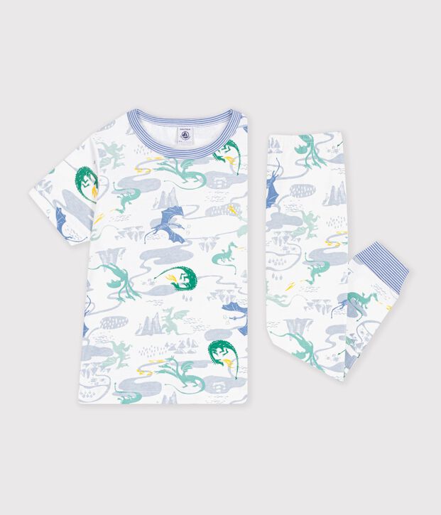 Kurz&auml;rmeliger Kinder-Pyjama mit langen Beinen aus bedruckter Baumwolle weiss/vielfarbig