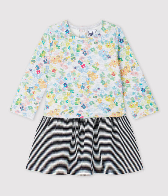 Langärmeliges Baby-Kleid aus Jersey für Mädchen grau POUSSIERE/weiss MULTICO