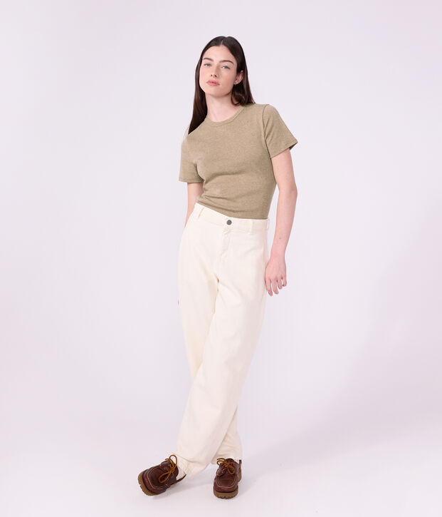 Kurz&auml;rmeliges Damen T-Shirt aus einfarbiger Baumwolle beige