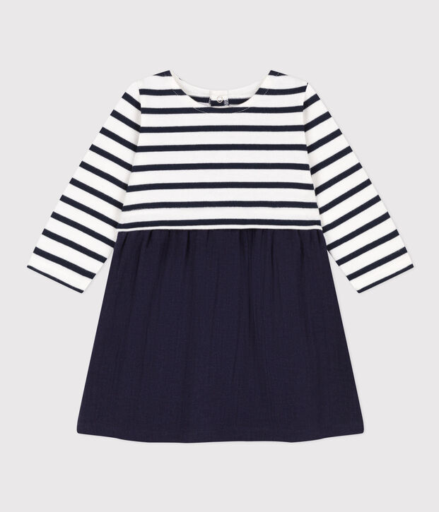 Lang&auml;rmeliges Babykleid aus zwei Materialien blau/weiss