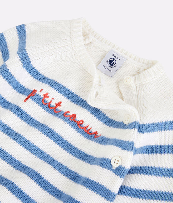 Zweiteiliges Baby-Set aus Woll- und Baumwoll-Strick mit Marinestreifen weiss MARSHMALLOW/blau ALASKA