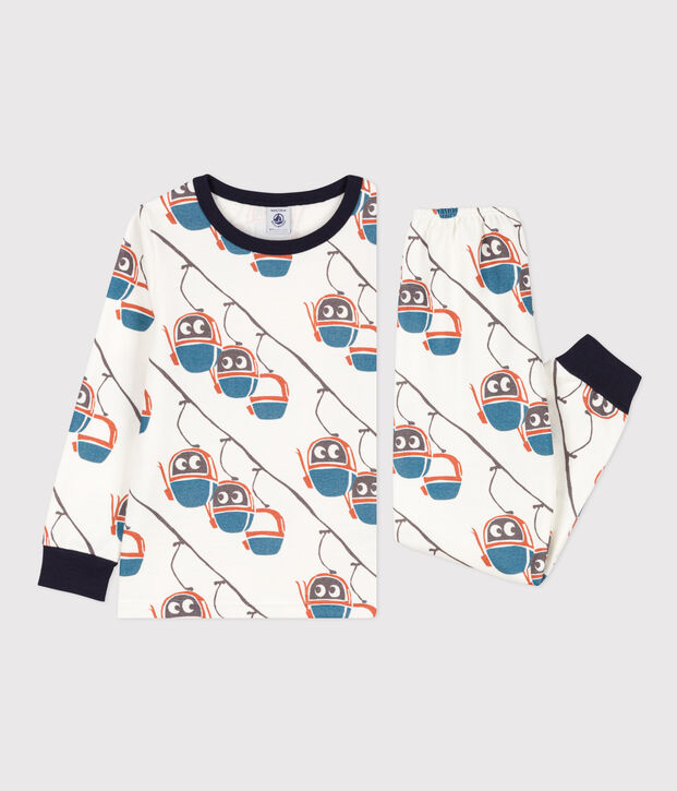 Kinderpyjama aus Molton mit Seilbahnmotiv weiss/vielfarbig