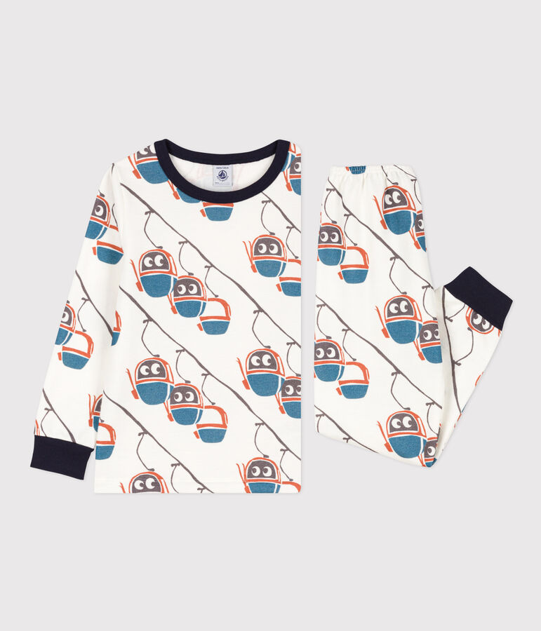 Kinderpyjama aus Molton mit Seilbahnmotiv weiss/vielfarbig