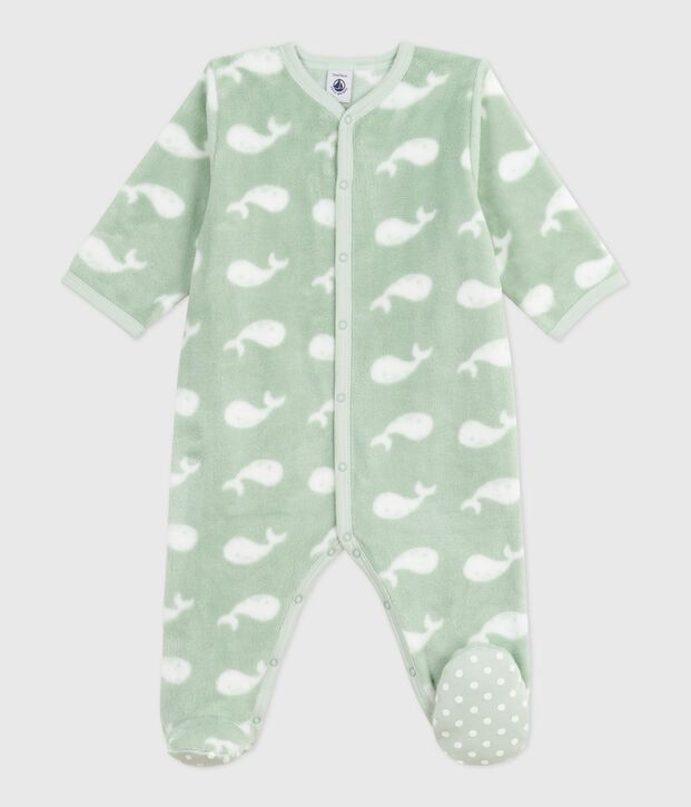 Baby Fleece-Pyjama zum &Uuml;berziehen mit Wal-Motiv. gr&uuml;n/weiss