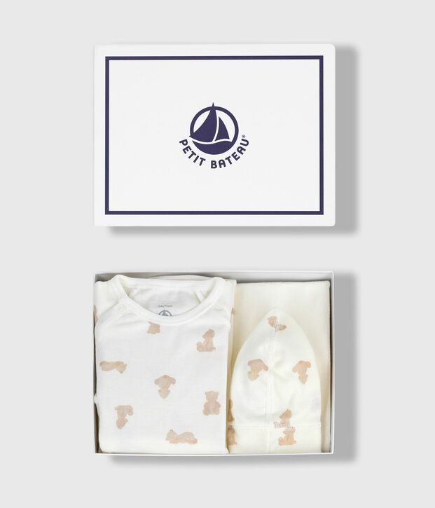 Baby-Geschenkset aus bedruckter Baumwolle weiss/BRUN