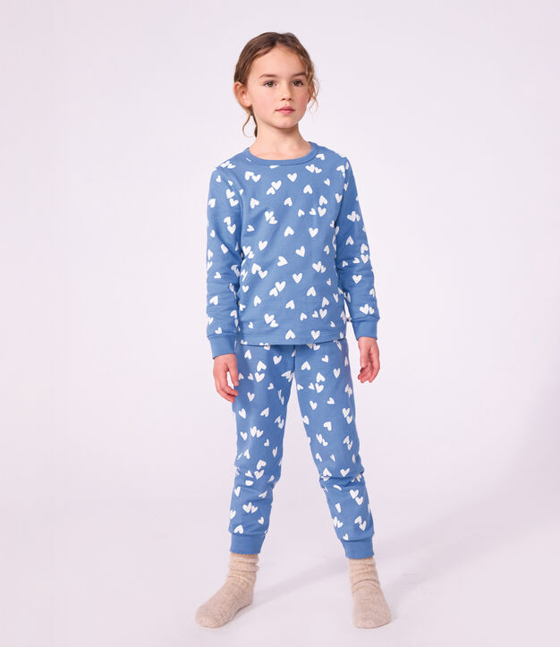 Kinder-Pyjama aus Molton mit Herzmotiv blau/weiss
