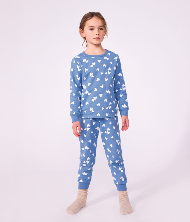 Kinder-Pyjama aus Molton mit Herzmotiv blau/weiss