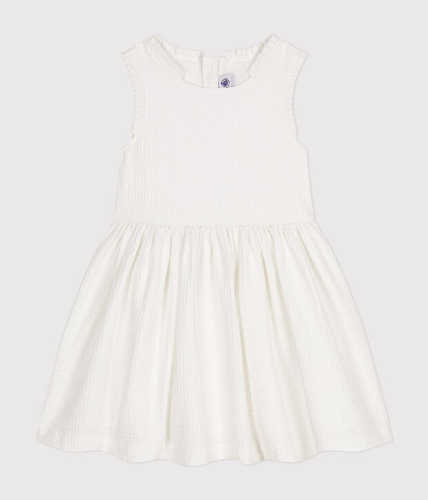 &Auml;rmelloses M&auml;dchenkleid aus gemusterter Baumwolle weiss