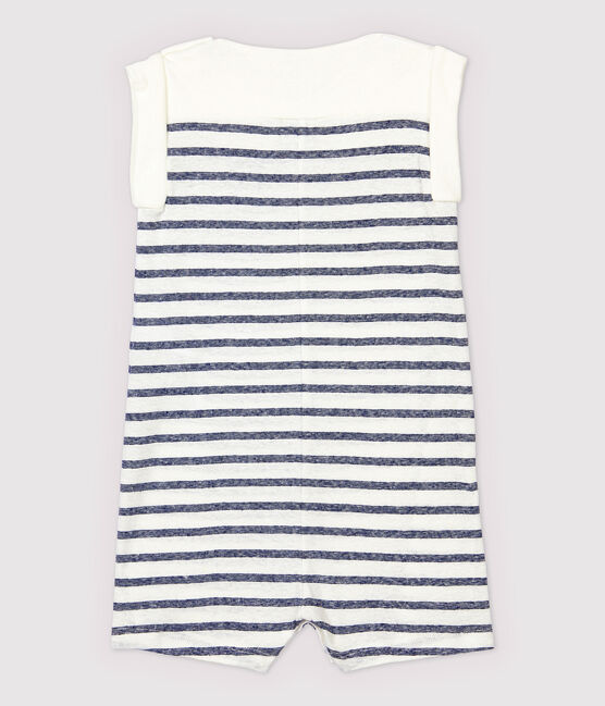 Gestreifter Baby-Kurzoverall aus Baumwolle/Leinen für Jungen weiss MARSHMALLOW/blau MEDIEVAL