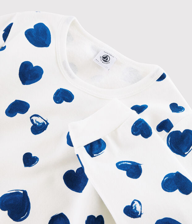 Pyjama aus Rippstrick mit Herzchenmotiv f&uuml;r M&auml;dchen/Damen weiss/blau