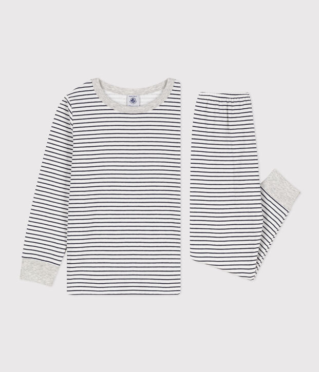Kinderpyjama aus Doppeljersey mit Streifen weiss/blau