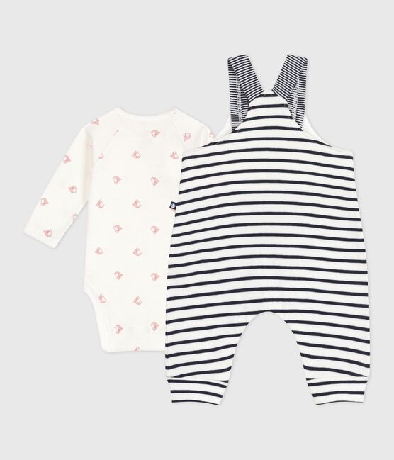 Baby-Set Latzhose mit Marinestreifen und gemusterter Body weiss MARSHMALLOW/blau SMOKING
