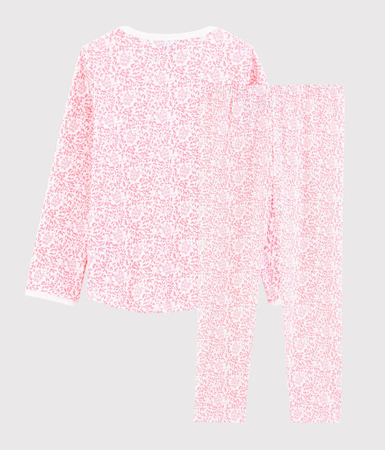Rosa Pyjama aus Rippstrick mit Blumen, für kleine Mädchen. weiss MARSHMALLOW/rosa GRETEL