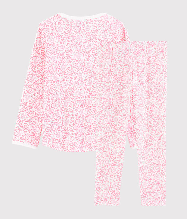 Rosa Pyjama aus Rippstrick mit Blumen, f&uuml;r kleine M&auml;dchen. weiss/rosa