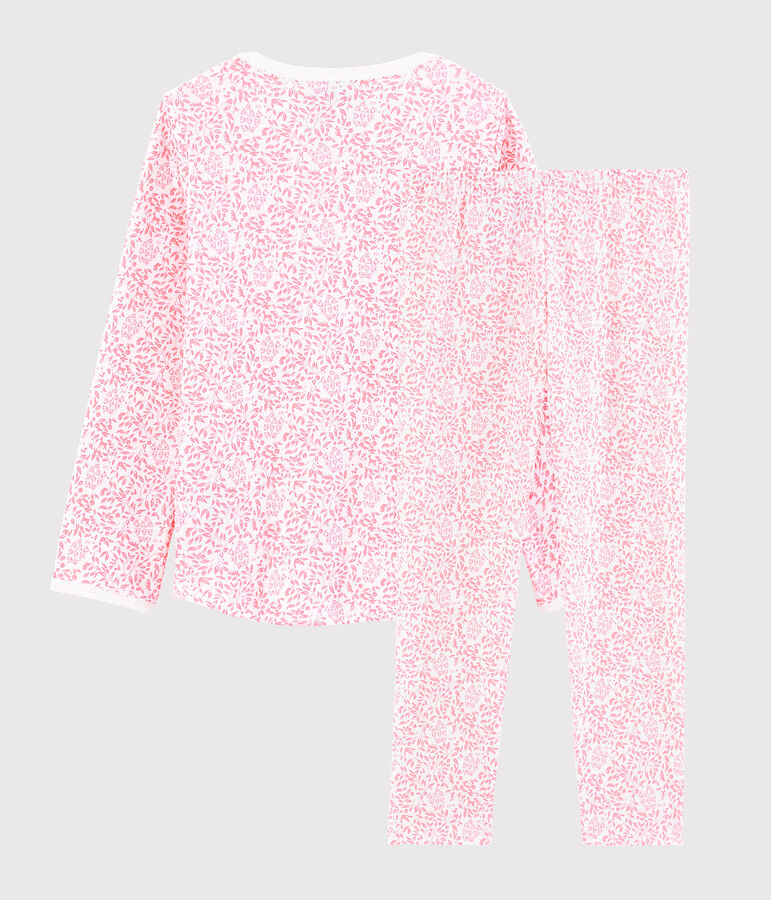 Rosa Pyjama aus Rippstrick mit Blumen, f&uuml;r kleine M&auml;dchen. weiss/rosa