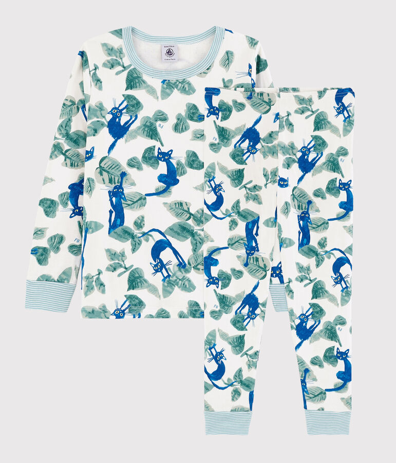 Kinderpyjama aus Doppeljersey mit Katzenmotiv f&uuml;r Jungen weiss MARSHMALLOW/weiss MULTICO