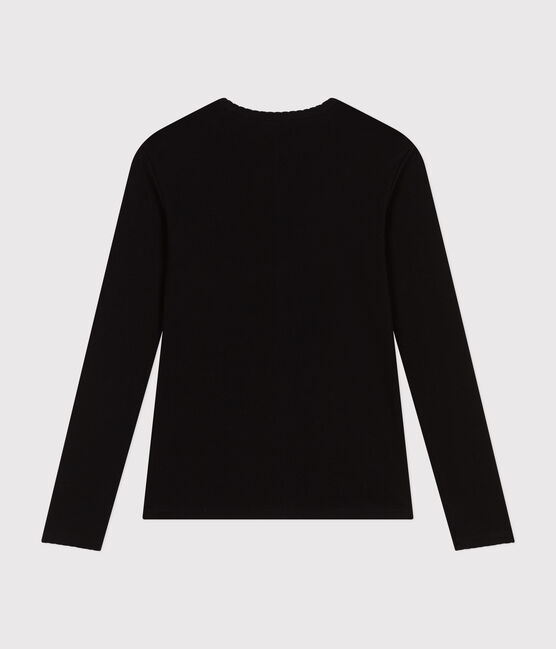Langärmeliges Damen-T-Shirt "L'Iconique" mit Mäusezähnchenkante aus einfarbigem Rippstrick schwarz BLACK