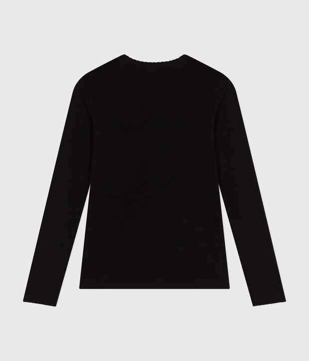 Lang&auml;rmeliges Damen-T-Shirt L'Iconique mit M&auml;usez&auml;hnchenkante aus einfarbigem Rippstrick schwarz