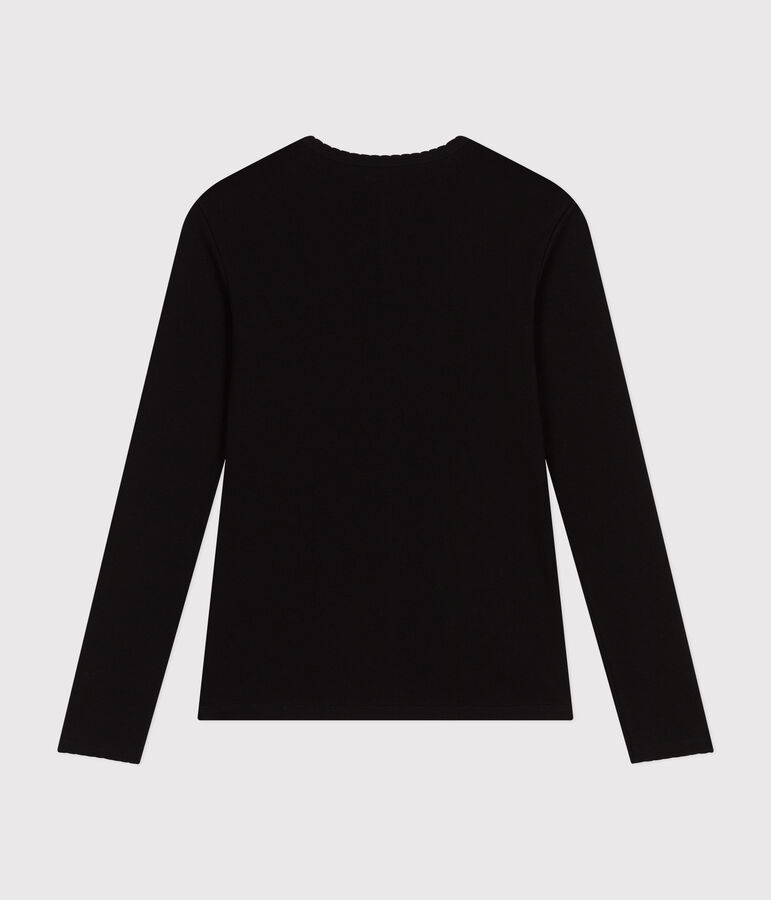 Lang&auml;rmeliges Damen-T-Shirt L'Iconique mit M&auml;usez&auml;hnchenkante aus einfarbigem Rippstrick schwarz BLACK