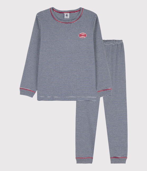 Kinderpyjama aus Baumwolle mit Ringelstreifen für Jungen blau MEDIEVAL/weiss MARSHMALLOW