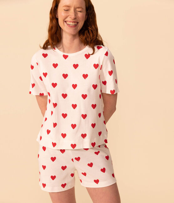 Kurz-Pyjama aus Baumwolle für Damen weiss MARSHMALLOW/rot TERKUIT