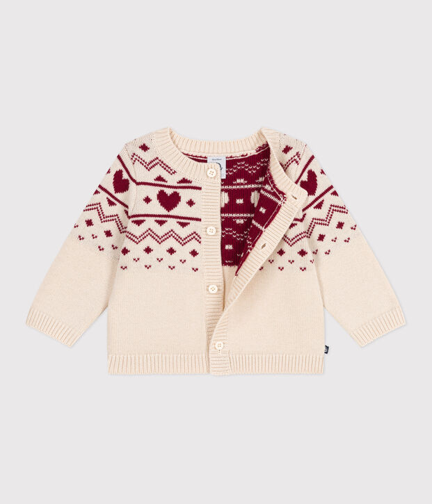 Baby-Cardigan aus Woll- und Baumwollstrick mit Herzmotiv naturfarben/rot