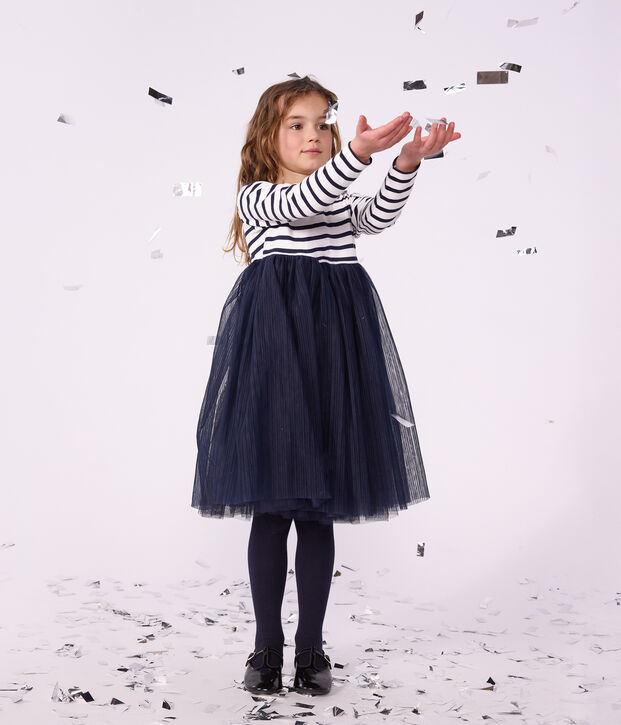 Lang&auml;rmeliges Kinder-Kleid aus Baumwolle und T&uuml;ll mit Streifen weiss/blau