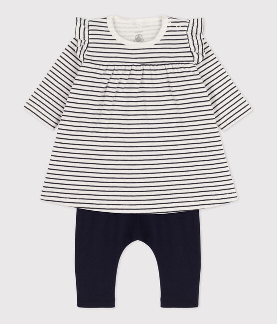 Baby-Leggings-Kleid mit Streifen für Mädchen weiss MARSHMALLOW/blau SMOKING
