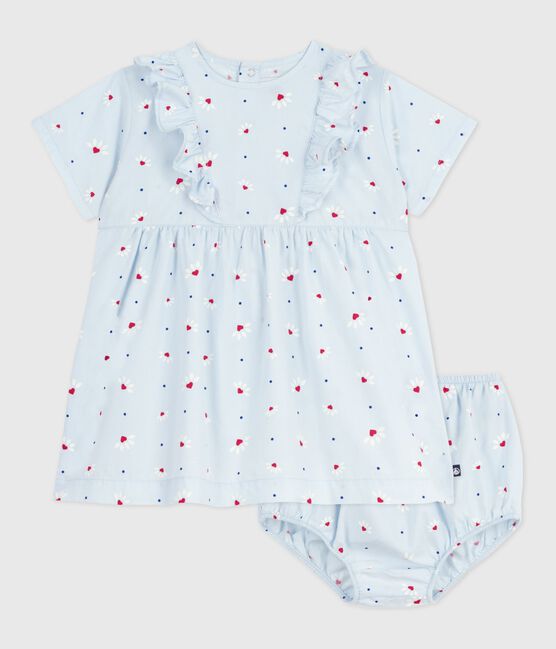 Kurzärmeliges Babykleid aus Baumwolle und dazu passender Bloomer blau FRAICHEUR/weiss MULTICO
