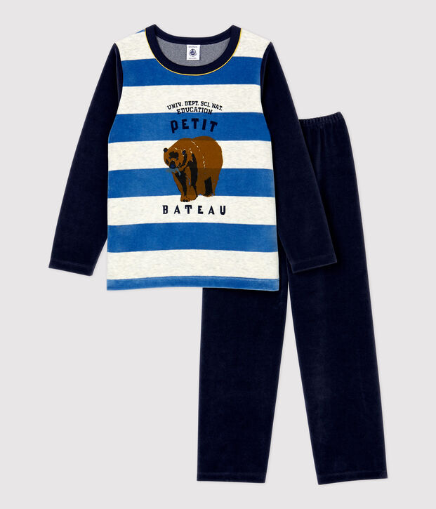 Kinderpyjama aus Nicki mit Streifen f&uuml;r Jungen blau/vielfarbig