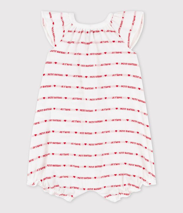 Baby-Kurzoverall von Petit Bateau &ndash; seitlicher Aufdruck &bdquo;Je t&rsquo;aime&ldquo;. weiss/rot