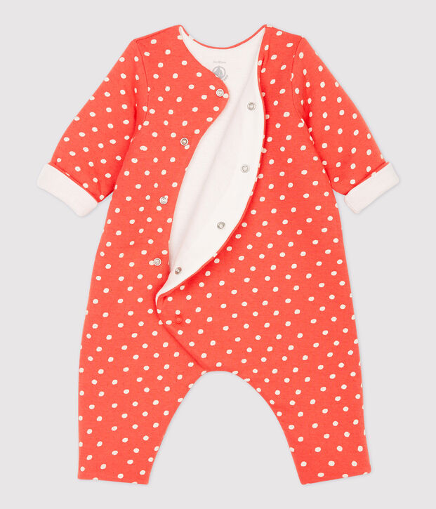 Langer Baby-Overall aus Bio-Baumwolle mit Punktmuster orange/weiss