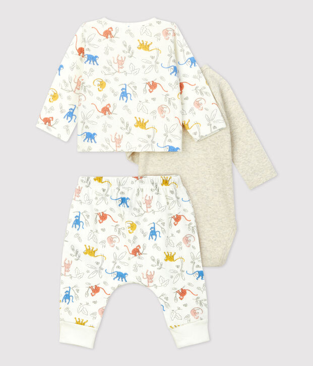 Dreiteiliges Baby-Set aus Bio-Doppeljersey mit Affenprint weiss/vielfarbig