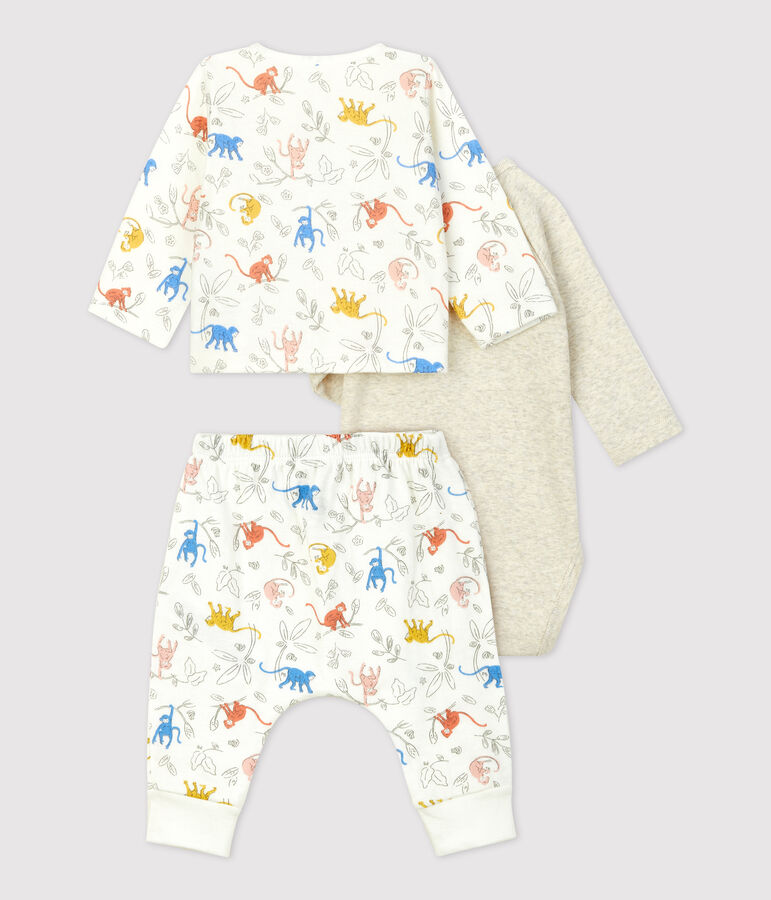 Dreiteiliges Baby-Set aus Bio-Doppeljersey mit Affenprint weiss MARSHMALLOW/weiss MULTICO