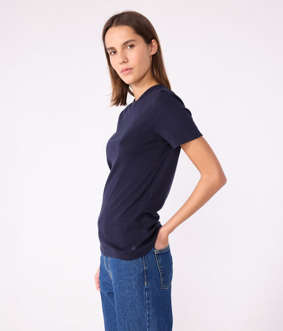 Kurzärmeliges Damen-T-Shirt L'ICONIQUE aus einfarbigem Rippstrick blau SMOKING