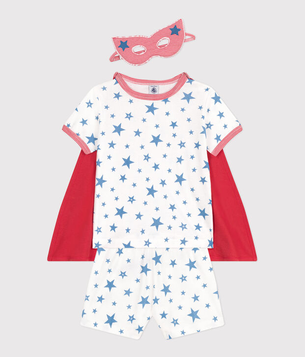 Kinder-Kurzpyjama zum Verkleiden aus phoshoreszierender Baumwolle mit Cape weiss/vielfarbig