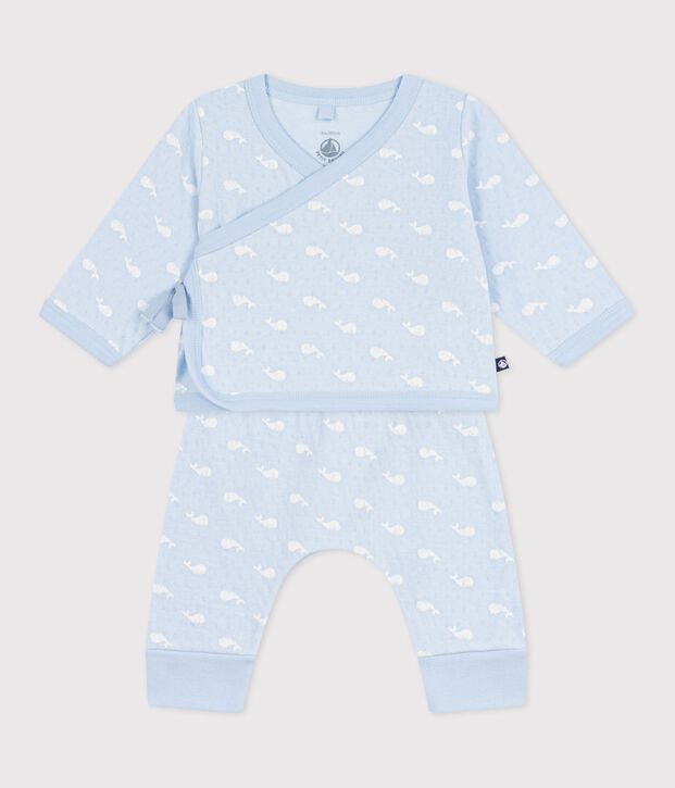 2-teiliges langbeiniges Baby-Set aus Baumwolle mit Walmotiv blau/naturfarben