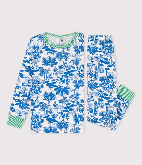 Kinderpyjama aus Baumwolle mit Pflanzenmuster für Jungen weiss MARSHMALLOW/blau BRASIER