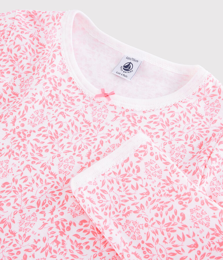 Rosa Pyjama aus Rippstrick mit Blumen, f&uuml;r kleine M&auml;dchen. weiss/rosa