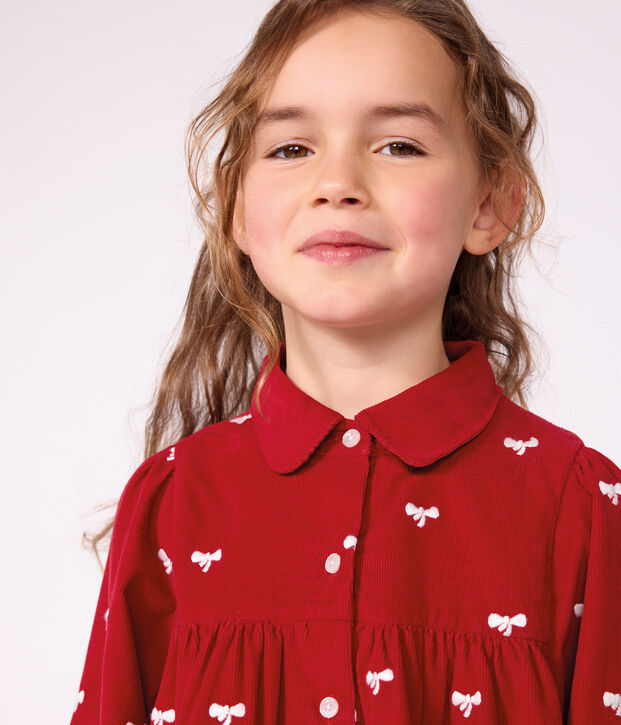 Lang&auml;rmeliges Kinder-Kleid aus Feincord mit Schleifenmotiv rot/naturfarben