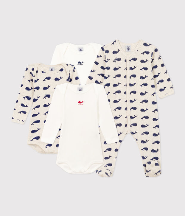 Baby-Geschenkset aus 1 Strampler und 3 Bodys mit Walmotiv vielfarbig