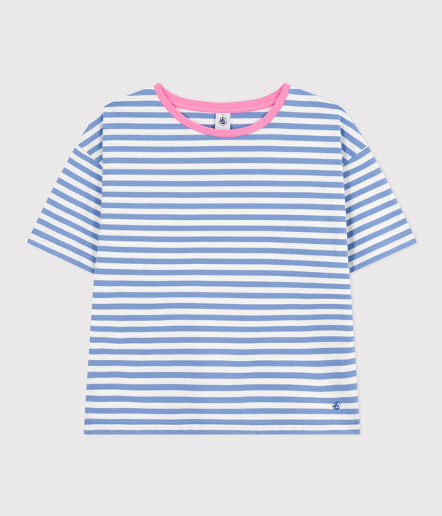 Damen-T-Shirt Le Boxy aus gestreifter Baumwolle blau/weiss