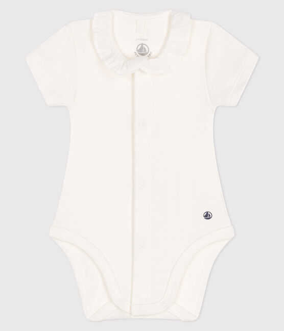Kurzärmeliger Baby-Body mit Halskrause weiss MARSHMALLOW