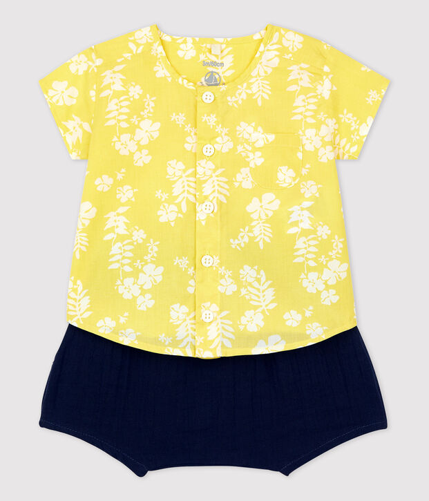 Zweiteiliges Baby-Set aus Bio-Popeline mit Hawaiimuster gelb/weiss