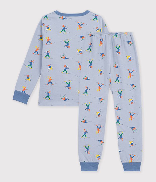 Kinder-Pyjama aus Molton mit Skifahrern blau/vielfarbig