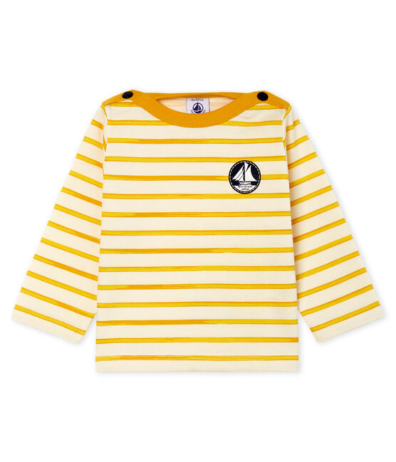 Langärmeliges Baby-T-Shirt für Jungen weiss MARSHMALLOW/gelb BOUDOR