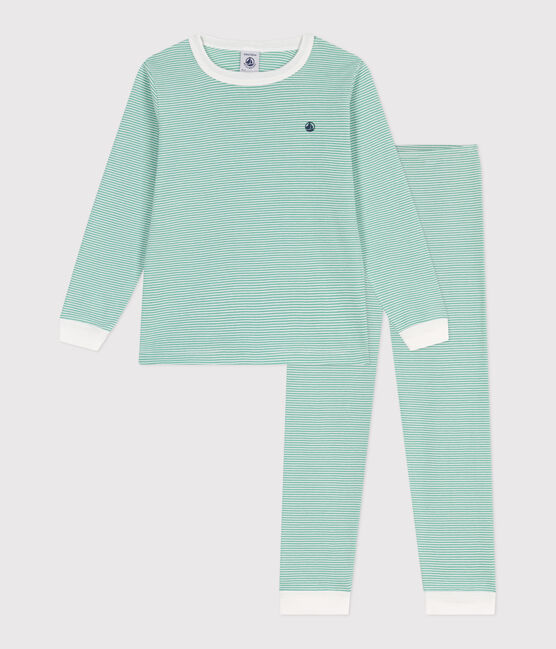 Kinder-Pyjama aus Baumwolle mit Streifen grün ALOEVERA/weiss MARSHMALLOW