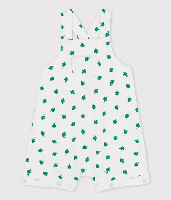 Kurze Baby-Latzhose aus leichtem Bio-Molton mit Pflanzenmuster weiss MARSHMALLOW/grün GAZON