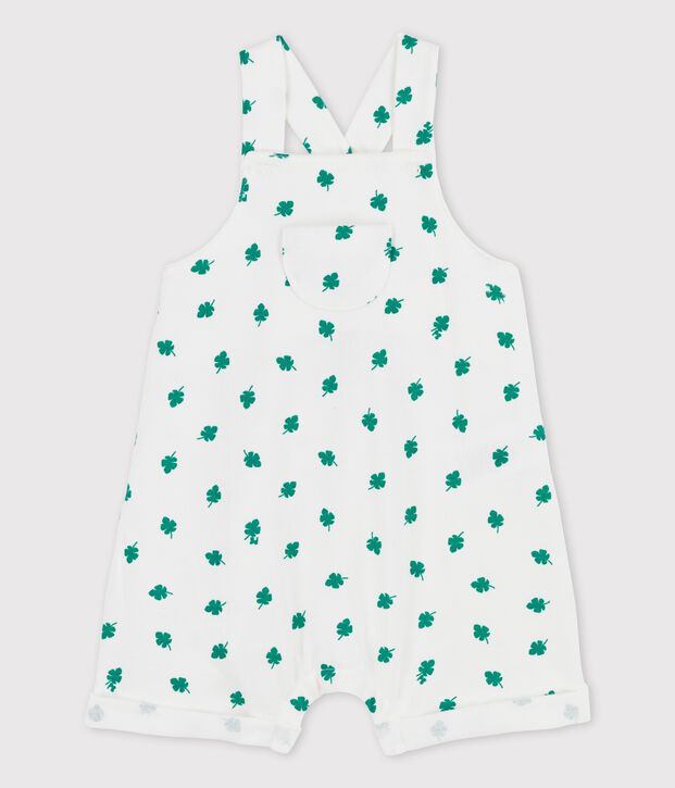 Kurze Baby-Latzhose aus leichtem Bio-Molton mit Pflanzenmuster weiss/gr&uuml;n